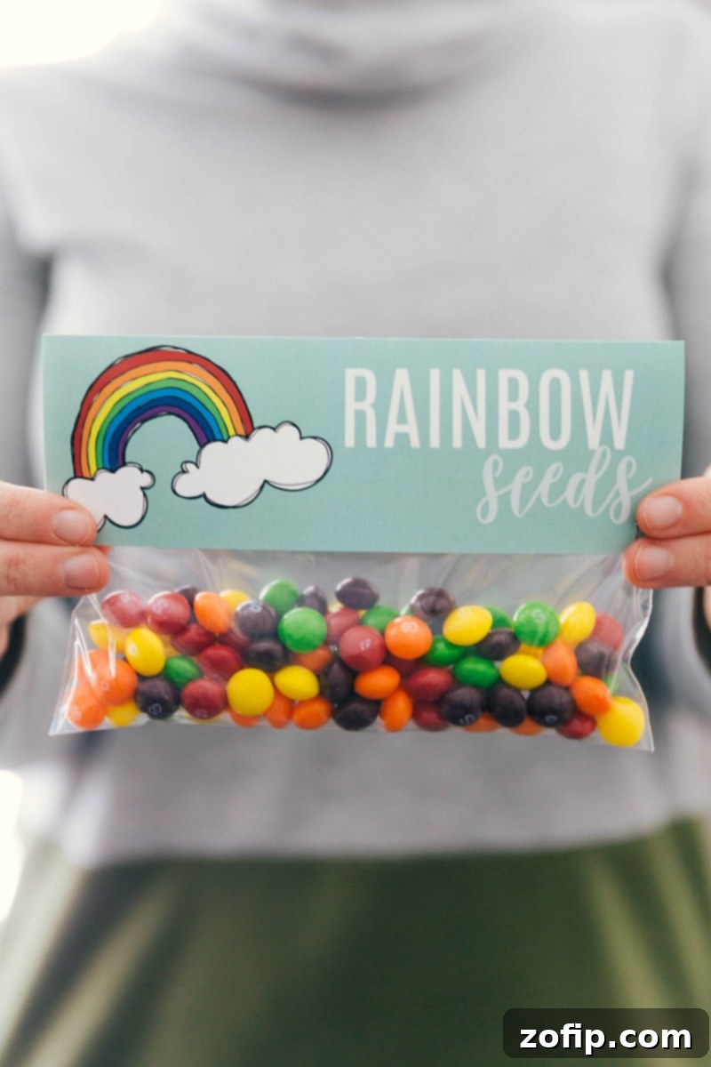 Fun 'Rainbow Seeds' treat bags, packed with Skittles for a magical St. Patrick's Day surprise. A snack-sized plastic bag filled with colorful Skittles and topped with a 'Rainbow Seeds' printable bag topper