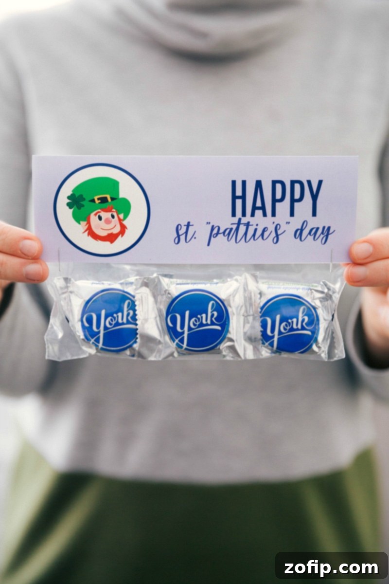 Festive 'Happy St. Pattie's Day' treat bags, featuring delicious mini peppermint patties. A snack-sized plastic bag filled with miniature peppermint patties and topped with a 'Happy St. Pattie's Day' printable bag topper