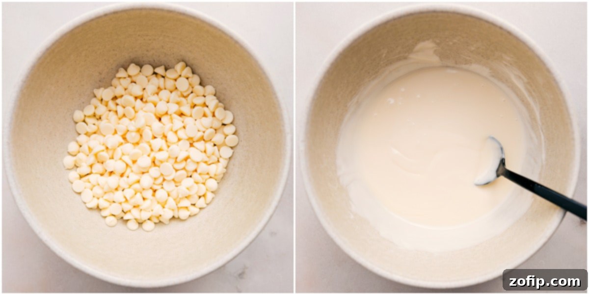 Smooth white chocolate is melting in a bowl, ready to drizzle over and mix into the Leprechaun Bait ingredients.