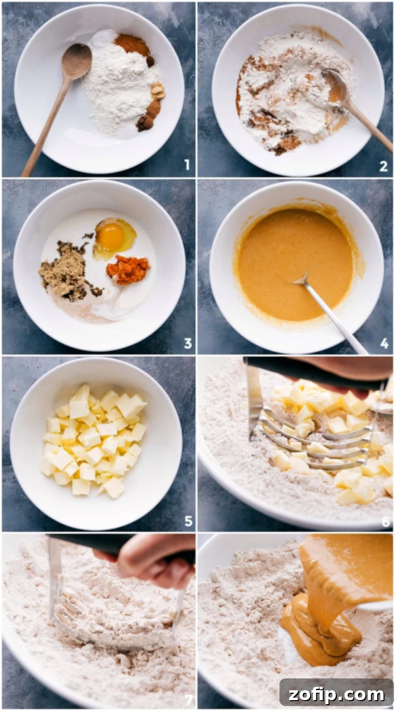 A visual guide showing the preparation steps for pumpkin scones, from dry and wet ingredients to blending the dough.