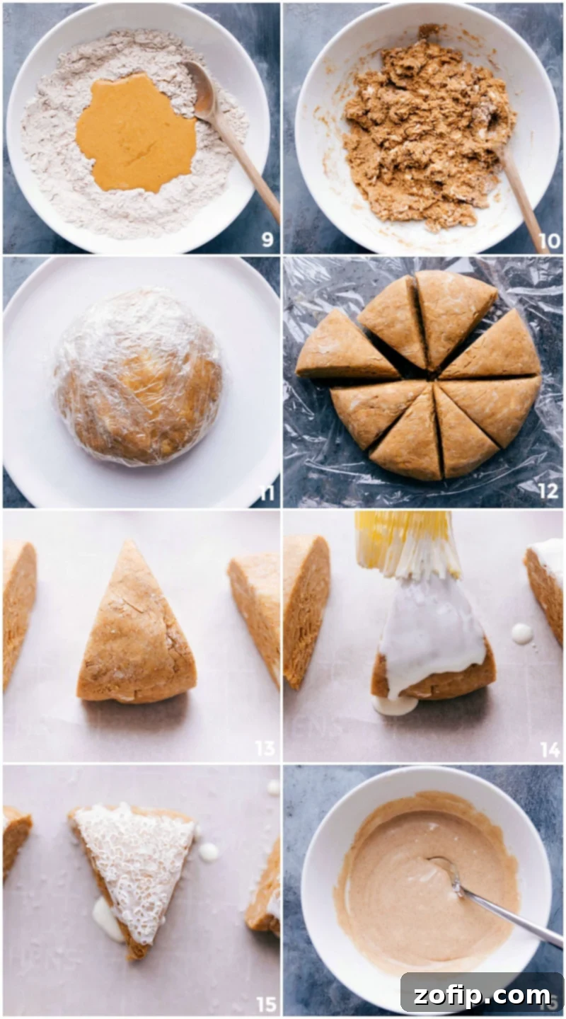 The process of making pumpkin scones: mixing ingredients, shaping the dough, topping with sugar, baking, and drizzling with glaze.