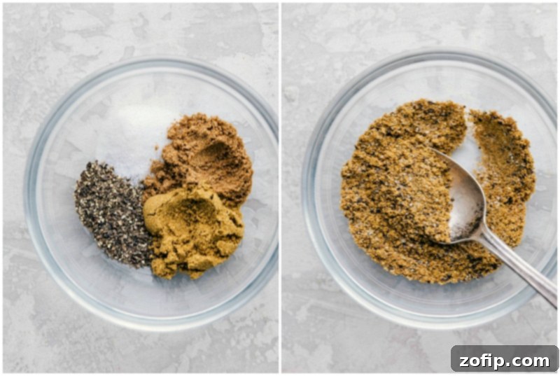 Images of the two-ingredient seasoning rub for grilled steak: ground cumin and ground coriander, shown compartmentalized then mixed together. Perfect for pairing with Spring Quinoa Salad. Keywords: steak seasoning, cumin, coriander, grilled steak, easy rub. Close-up of seasoning mix ingredients, ground cumin and ground coriander, ready to be blended for steak rub.