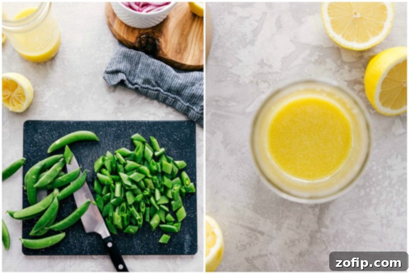 Step-by-step imagery demonstrating the creation of Spring Quinoa Salad: blending the zesty lemon vinaigrette and preparing crisp spring vegetables like sugar snap peas and fresh basil. Keywords: Spring Quinoa Salad, lemon dressing, vegetable prep, healthy cooking, easy recipe steps. Process shots of preparing Spring Quinoa Salad, including making lemon dressing in a blender and chopping fresh vegetables.