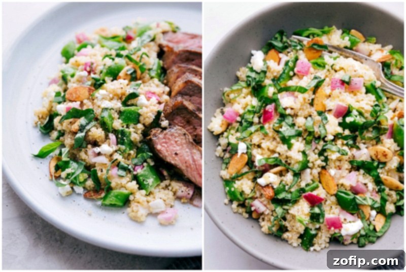 A stunning final shot of the Spring Quinoa Salad, vibrant and ready to be served, showcasing the perfectly cooked quinoa, crisp sugar snap peas, creamy goat cheese, tangy quick-pickled red onion, fresh basil, and crunchy honey-roasted almonds. Keywords: finished salad, healthy spring meal, fresh ingredients, delicious, quinoa recipe. A beautifully presented close-up of the finished Spring Quinoa Salad, featuring all its colorful and fresh ingredients.