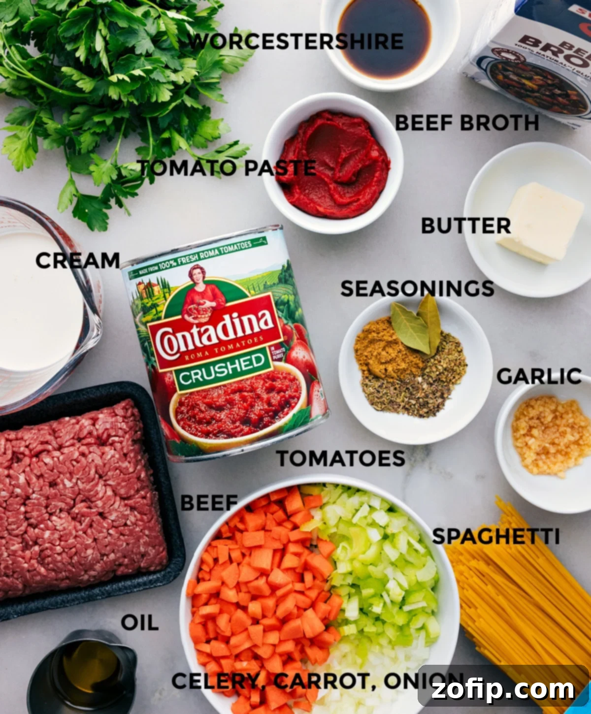 Ingredients In Spaghetti Bolognese All the fresh ingredients for Bolognese recipe, meticulously prepped and laid out for easy assembly and cooking.