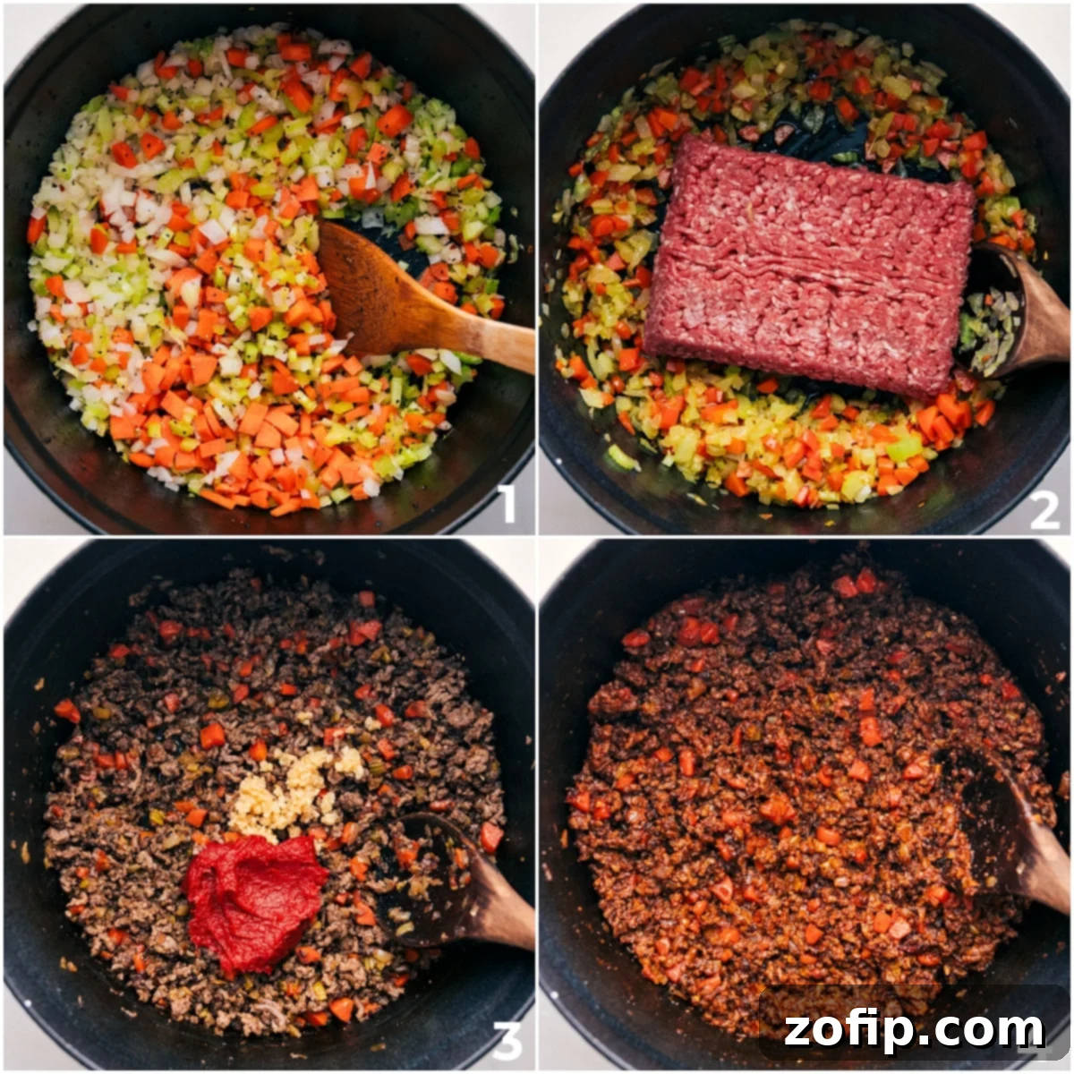 Making Spaghetti Bolognese A step-by-step image collage showing vegetables sautéing, ground beef browning, and tomato paste and garlic being added for the Bolognese sauce preparation.