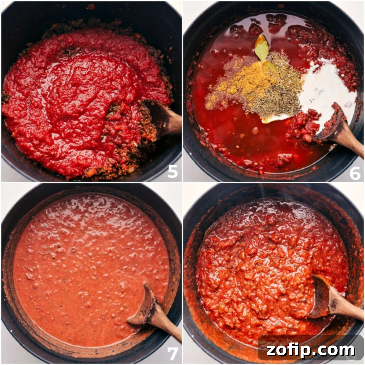 The Best, Easy Spaghetti Bolognese Crushed tomatoes, various seasonings, and heavy cream being carefully added to a pot of simmering Bolognese sauce.