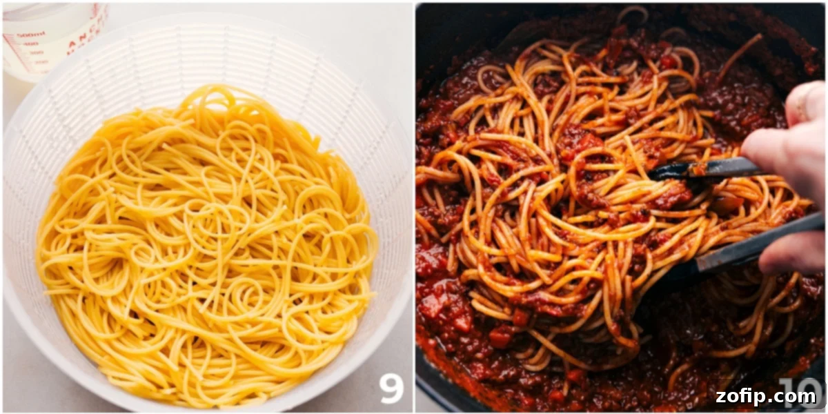 Recipe For Spaghetti Bolognese Cooked spaghetti being added directly into the rich Bolognese sauce in a large pot, ready to be tossed and served.