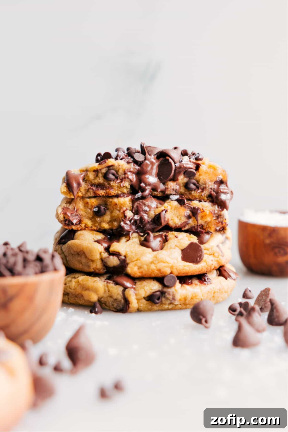 Stacked Bakery-Style Chocolate Chip Cookies with a visible gooey center and melted chocolate