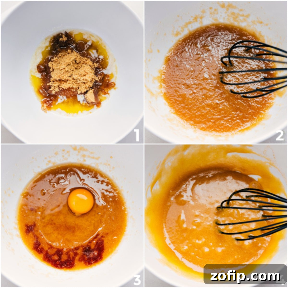 Whisking wet ingredients (melted butter, sugars, egg, vanilla) for bakery-style chocolate chip cookies until smooth and emulsified.