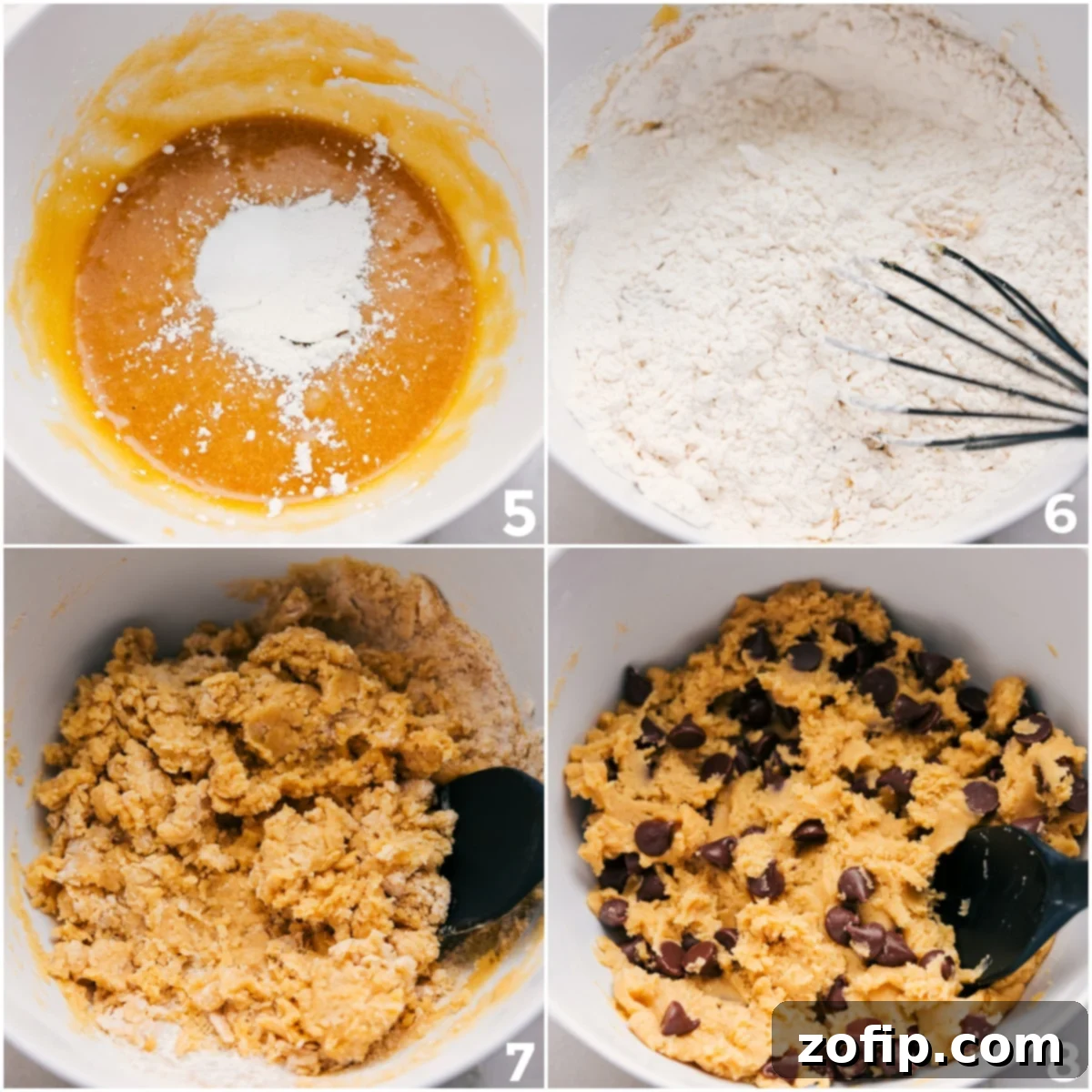 Mixing dry ingredients (flour, cornstarch, baking soda, baking powder, salt) into the wet dough mixture until just combined.