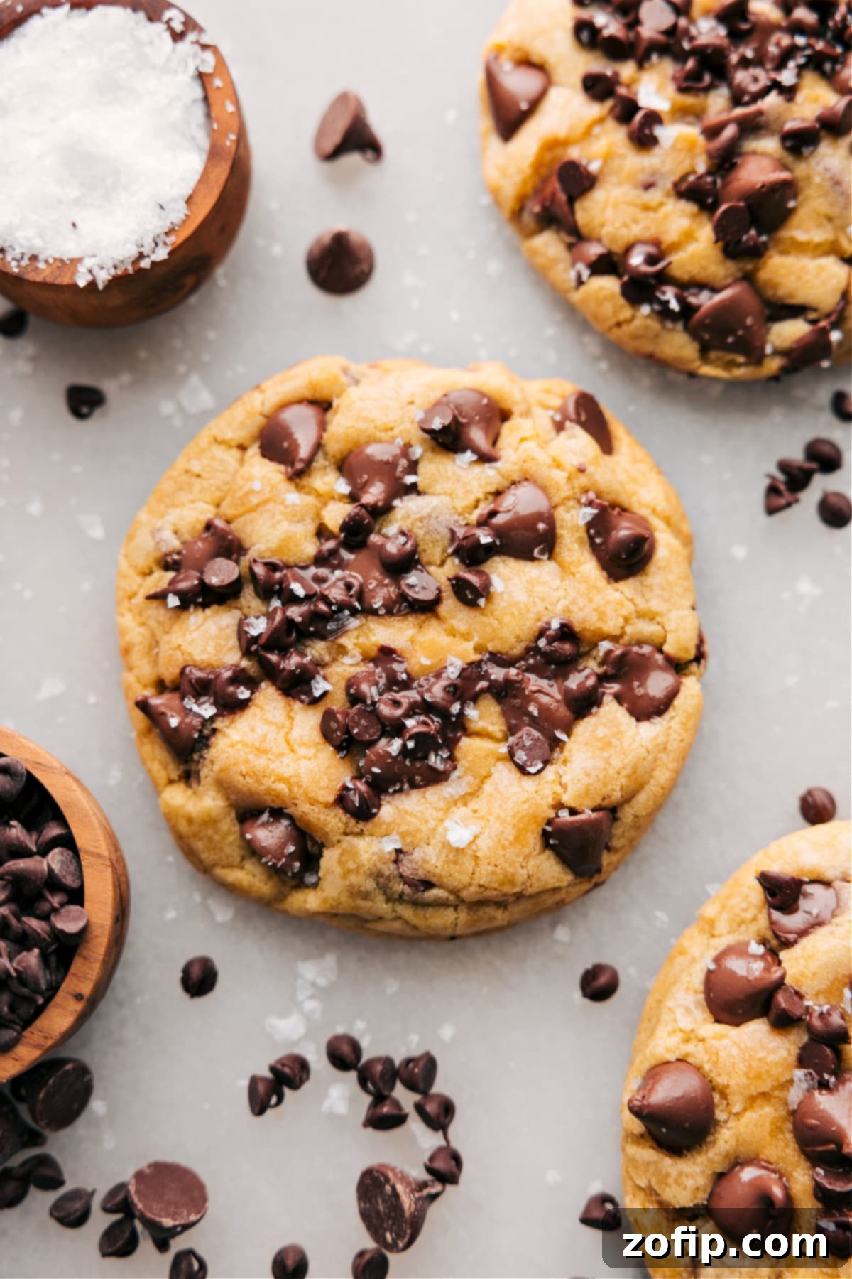 Freshly baked bakery-style chocolate chip cookies garnished with a sprinkle of flaky sea salt, highlighting their sweet and salty appeal.