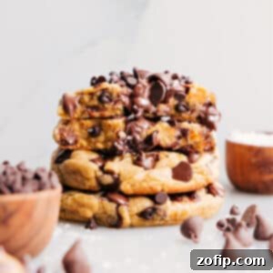 A freshly baked bakery-style chocolate chip cookie with a golden-brown edge and a soft, melty center, resting on a cooling rack.