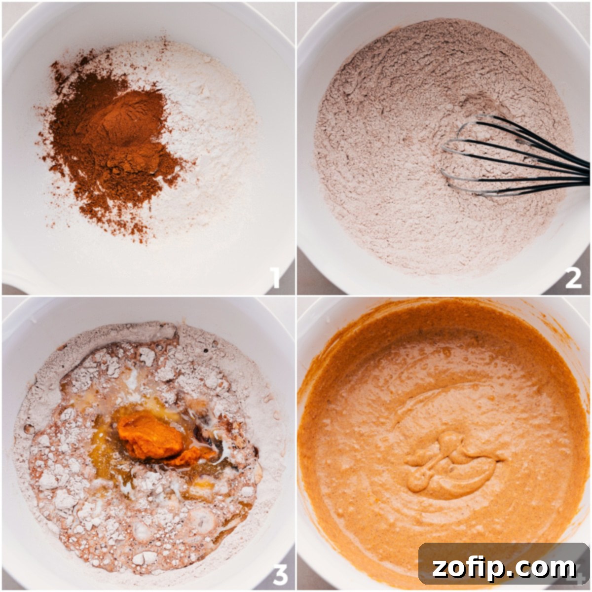 The process of mixing wet and dry ingredients together in a large bowl to create the pumpkin waffle batter, demonstrating the smooth consistency.