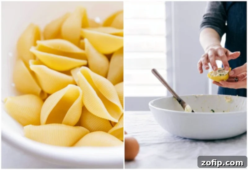 Carefully adding the creamy ricotta cheese filling into jumbo pasta shells using a piping bag, preparing them for baking.