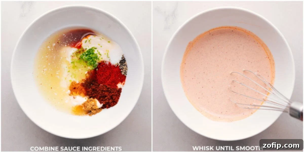 Hands whisking together ingredients for a creamy chili-lime sauce in a white bowl, ready to top the delicious burrito bowls.