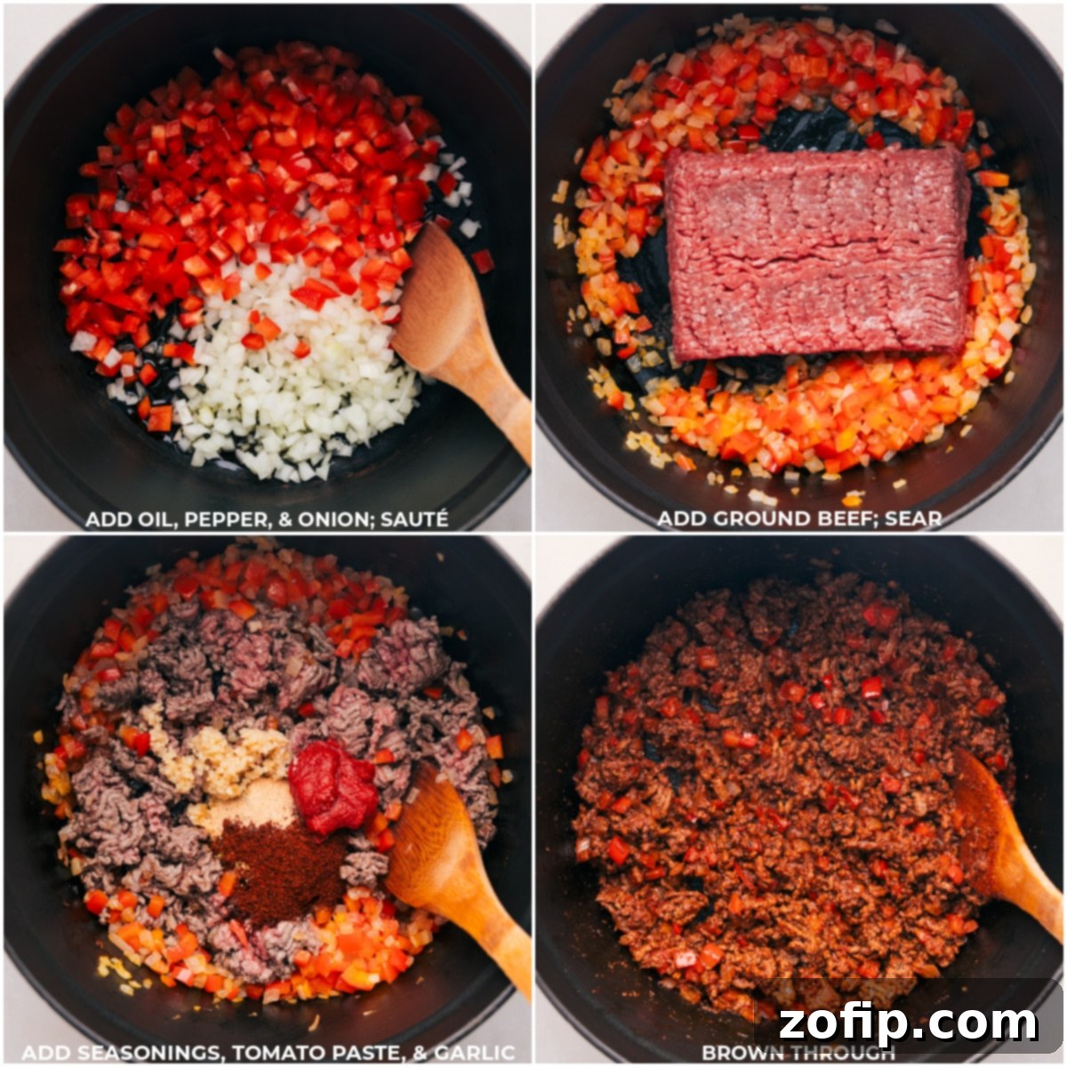 Olive oil, finely diced red pepper and yellow onion, ground beef, and various seasonings are sautéed together in a large pot for the Taco Spaghetti.