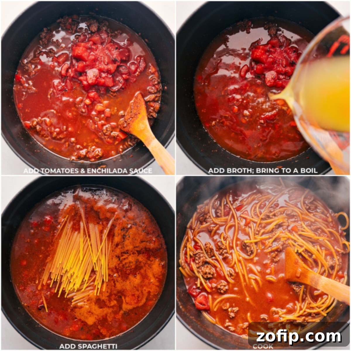 Diced tomatoes, red enchilada sauce, chicken broth, and spaghetti noodles being added to the pot with the browned beef mixture.
