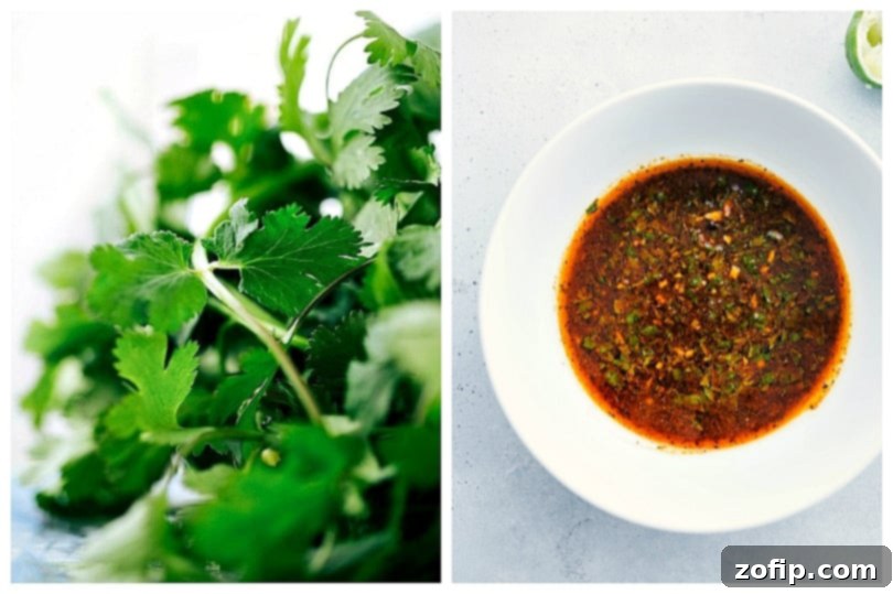 Fresh cilantro and a bowl of bright fajita marinade ingredients.