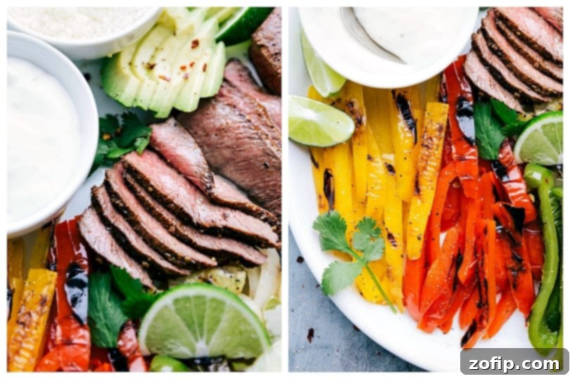 Delicious steak fajitas served hot with warm tortillas and fresh toppings on a wooden board.