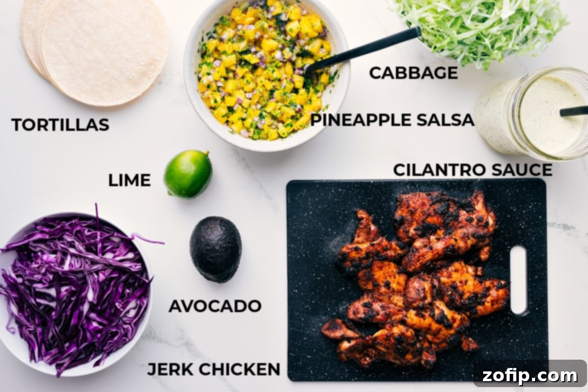 A vibrant serving of Jerk Chicken Tacos, garnished with fresh cilantro, beside a bowl of colorful mango black bean salsa.