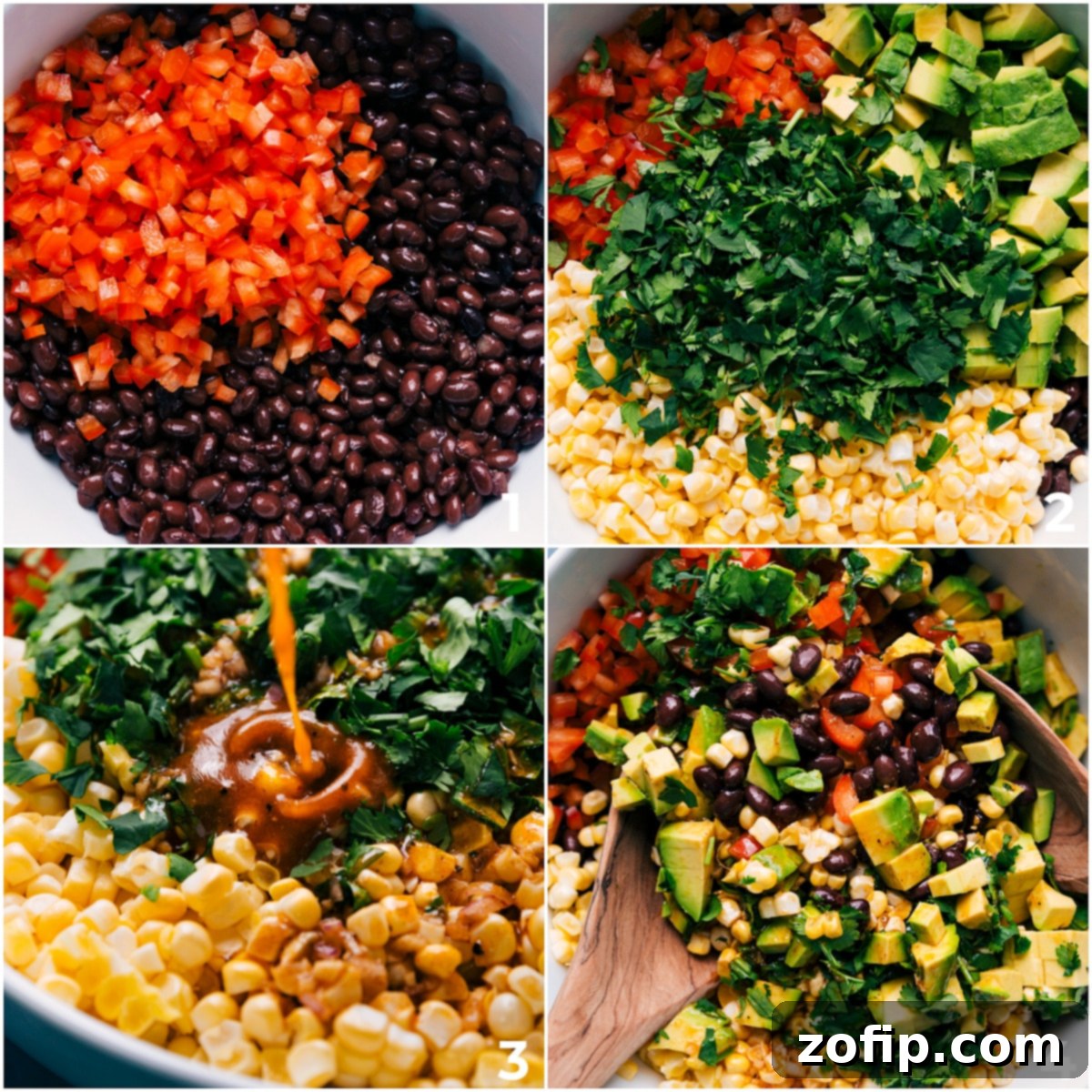Various ingredients for Black Bean Corn Avocado Salad being combined in a large bowl, with dressing being drizzled over and gently tossed, showing the final steps of assembly.