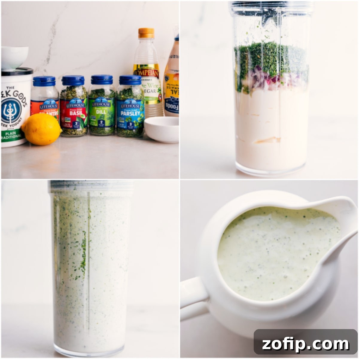 Close-up of fresh green goddess dressing, ready to be drizzled over the BBQ Chicken Bowl.