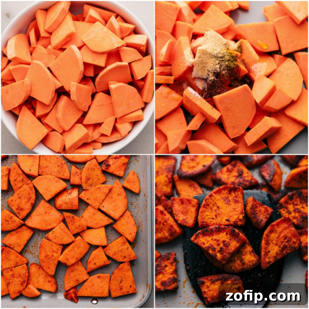 Cubed sweet potatoes seasoned with spices on a baking sheet, ready for roasting.