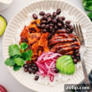 A close-up shot of the finished BBQ Chicken Bowl, ready to be served.