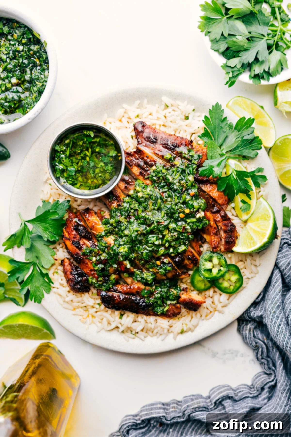 Juicy Chimichurri Chicken served on a bed of fluffy rice, generously topped with vibrant green chimichurri sauce, ready to be enjoyed.