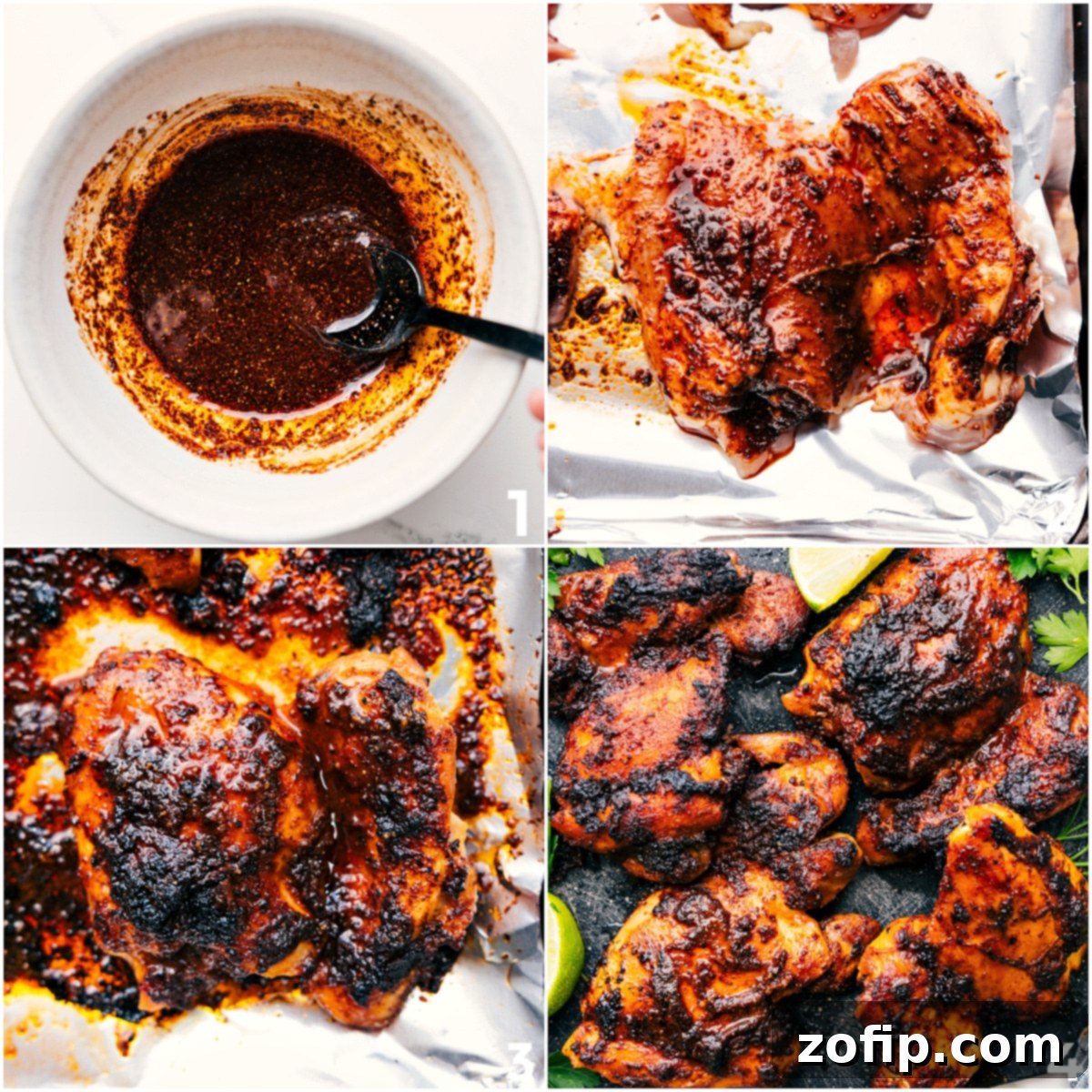 Chicken being coated with a flavorful spice rub, followed by images of the chicken baking to golden perfection, illustrating the cooking process for Chimichurri Chicken.