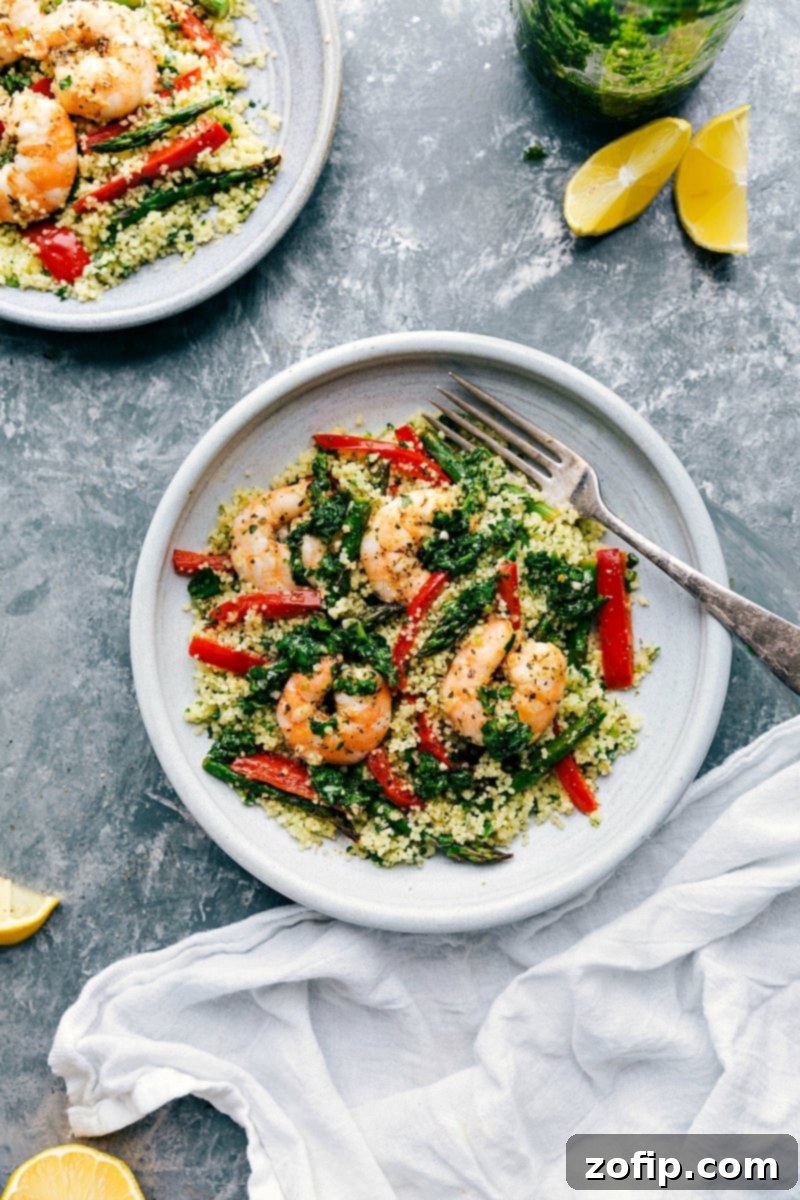 Overhead photo of finished Shrimp Couscous bowls