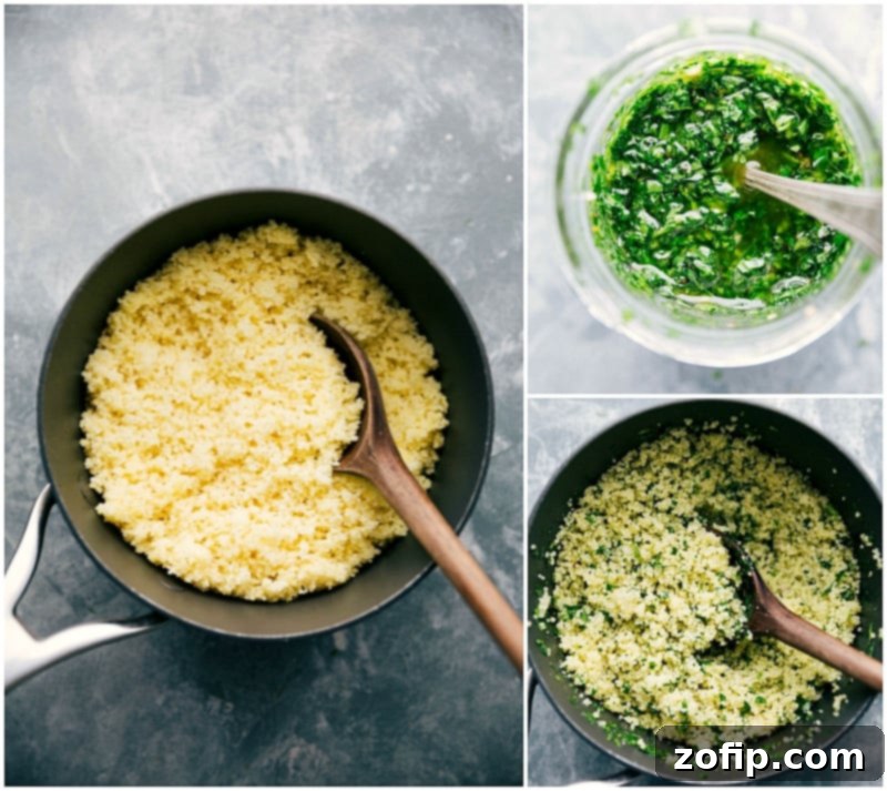 Process shot: Herb sauce being added to couscous.