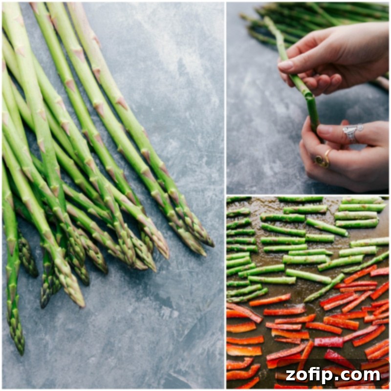 Process shot of veggies being cooked -- asparagus and red pepper