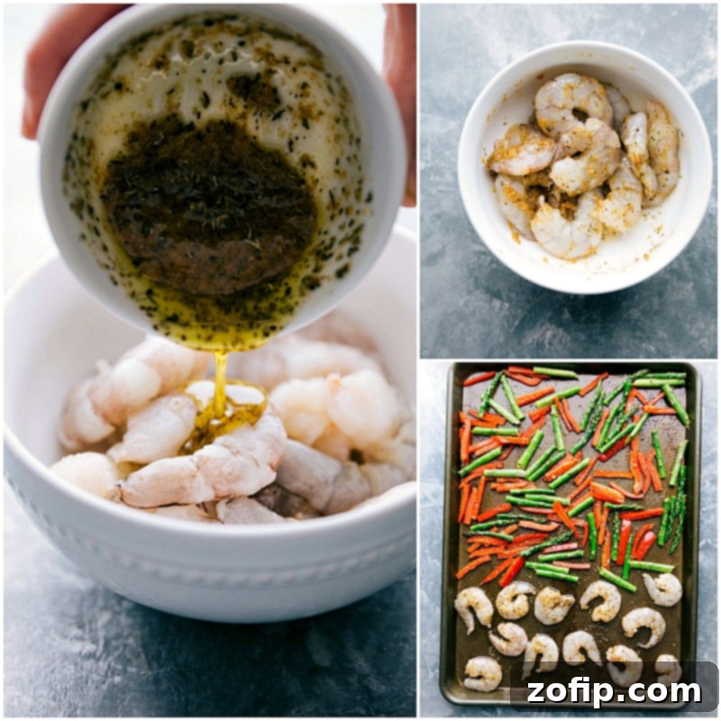 Process shot for herb mixture being added to the shrimp and then shrimp added to the tray.