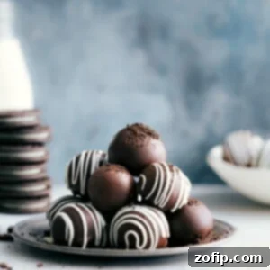 A plate of Oreo balls piled up and beautifully decorated, some with Oreo crumbs and others drizzled with white chocolate.