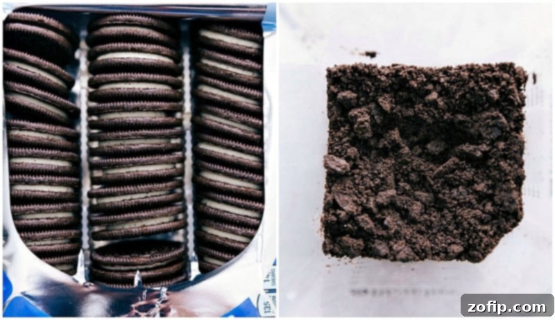A sleeve of classic Oreos with some being crushed in a food processor, highlighting the first step of the recipe.