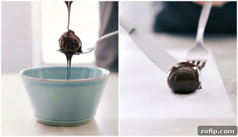 Oreo balls being dipped into rich melted chocolate, showing the process of creating a smooth and complete coating.