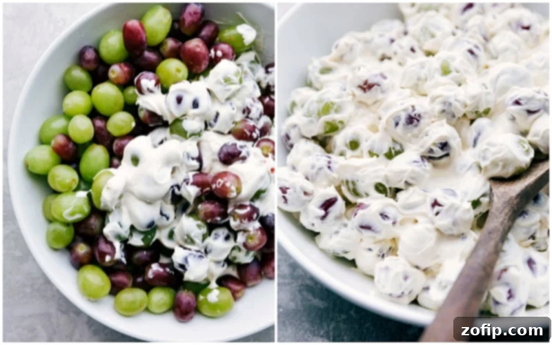 Cream cheese and yogurt dressing being meticulously mixed in a bowl, showing a smooth and creamy texture, ready to coat the grapes.
