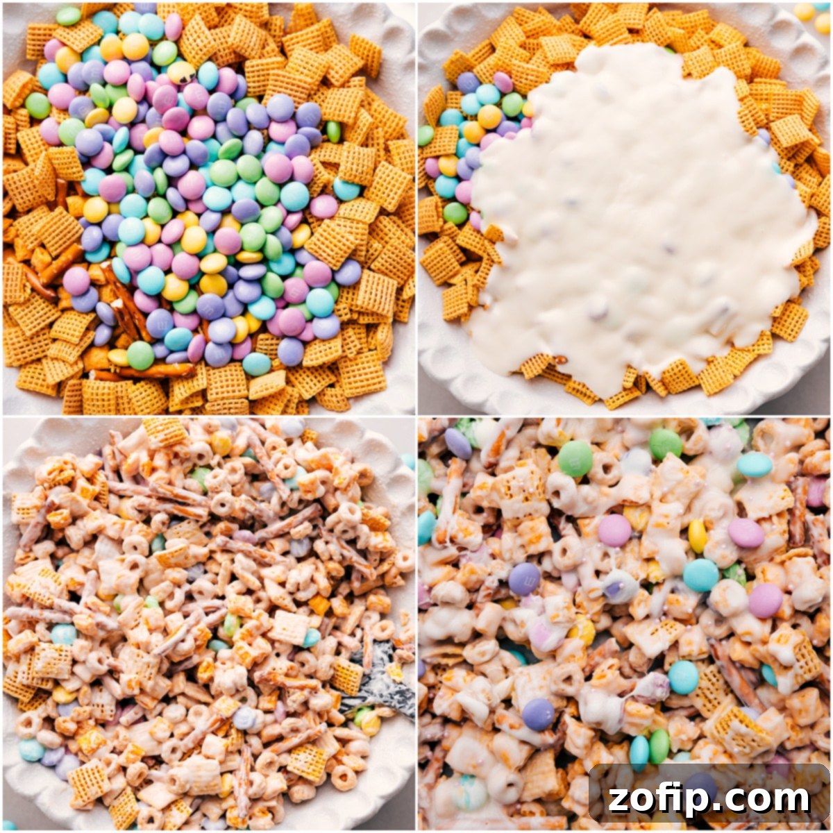 Add everything to one bowl and mix well. Pour in the white chocolate, stir to coat, then spread it all on a sheet pan to harden. That’s how this Bunny Bait comes together!