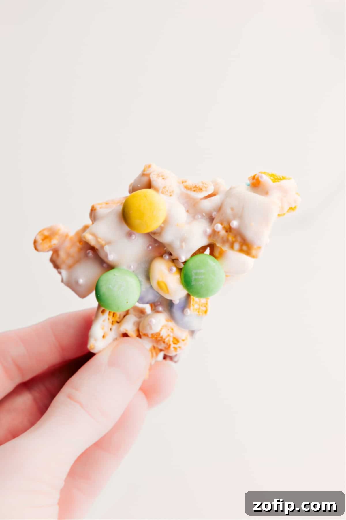 Holding up a piece, ready to enjoy this sweet treat.