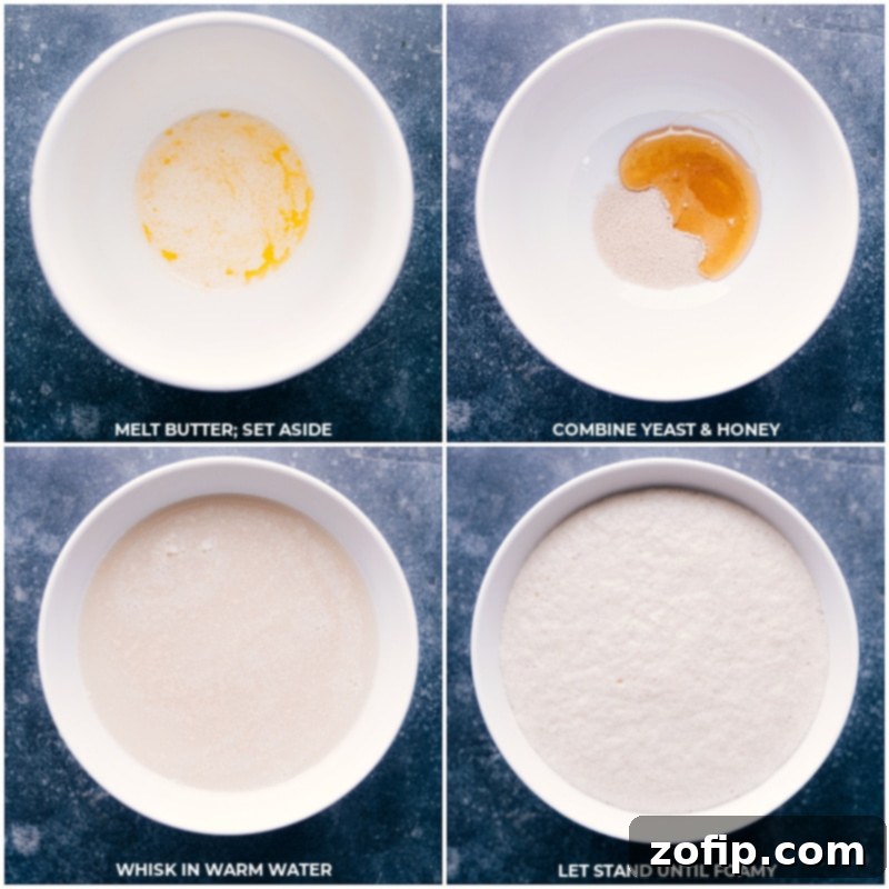 Process images showing butter, yeast, and honey being combined with warm water for the no-knead dinner roll dough.