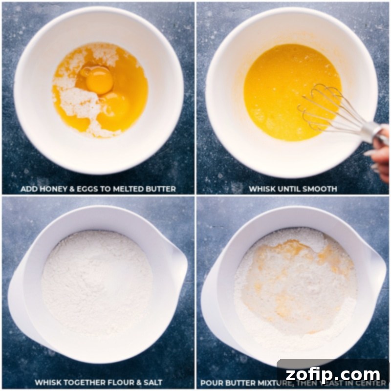 Process shots of ingredients: honey, eggs, melted butter, flour, and salt being added to a bowl for no-knead dinner rolls.