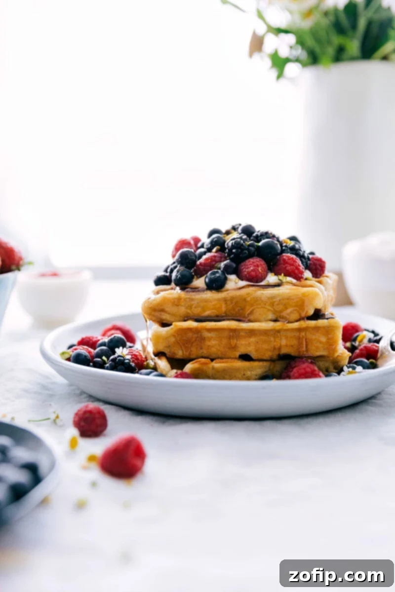 Stack of golden-brown waffles with fresh berries and whipped cream on top, with syrup cascading down the sides.