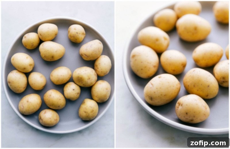 Image of tender Yukon gold baby potatoes, ready to be prepared for the Sausage and Potatoes Skillet meal, highlighting their smooth skin and golden hue.