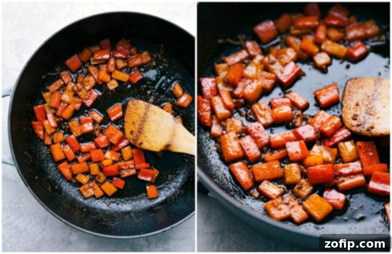 Image of vibrant red bell peppers being sautéed to perfection in a hot skillet, creating a fragrant base for the Sausage and Potatoes Skillet meal.
