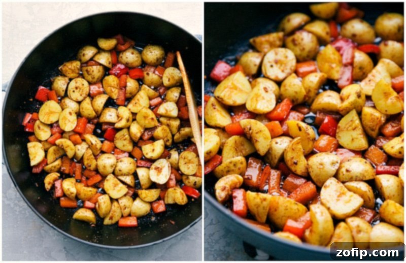 Close-up image of the completed Sausage and Potatoes Skillet, showcasing golden-brown potatoes, sliced sausage, and colorful peppers, perfectly cooked and ready to serve.