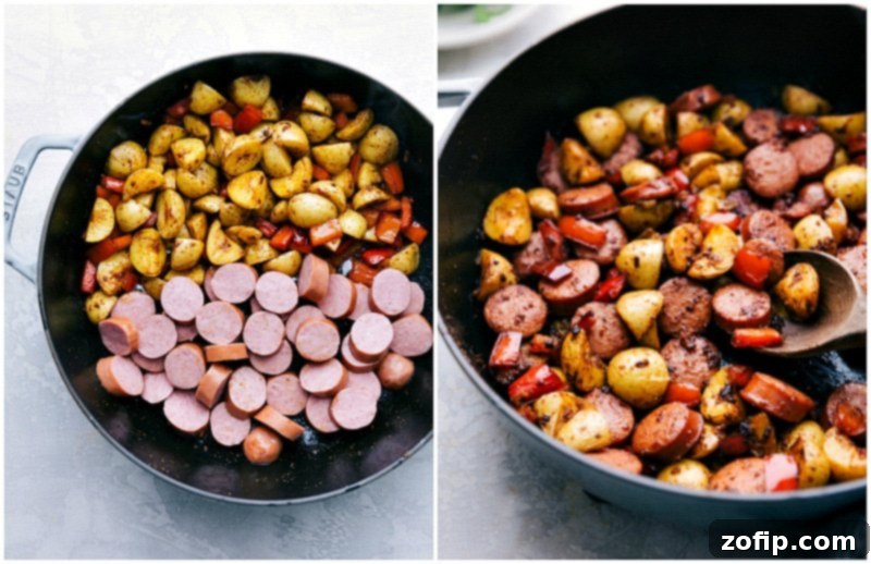 Image of sliced smoked sausage being added to the sautéed bell peppers and pre-cooked potatoes in a skillet, combining flavors for the ultimate one-pan meal.