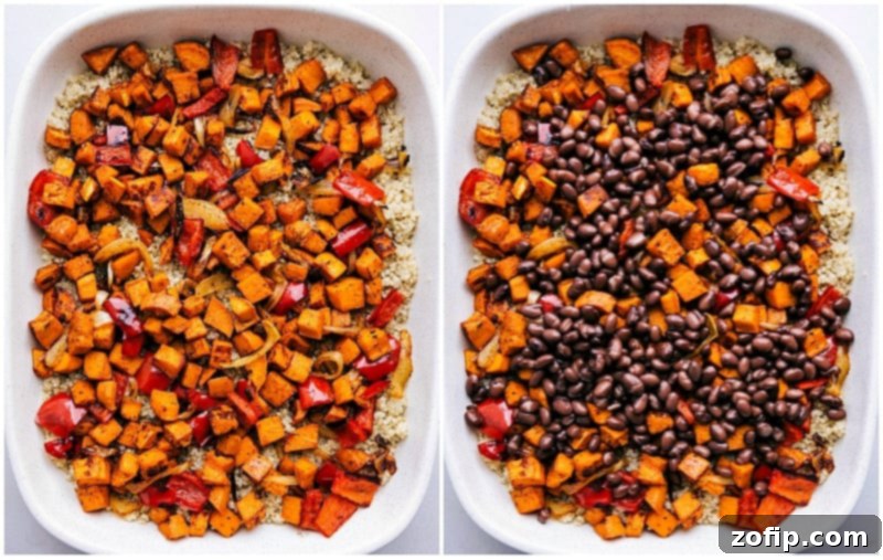 Assembling a delicious sweet potato, black bean, and corn Quinoa Enchilada Bake Cooked quinoa, roasted vegetables, black beans, and corn being combined in a large casserole dish before adding sauce and cheese.