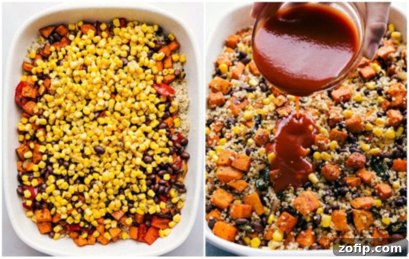 Quinoa Enchilada Bake is a nutrition-loaded casserole in the making Sweet corn being added to the casserole mix, followed by a generous pour of rich red enchilada sauce.